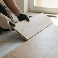 Ręce w rękawiczkach układają drewniany panel. To pierwszy krok, by dowiedzieć się, jak naprawić spuchnięte panele podłogowe.