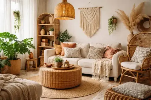 Przytulny salon w stylu scandi boho z wiklinowymi meblami, mnóstwem roślin i makramą na ścianie.