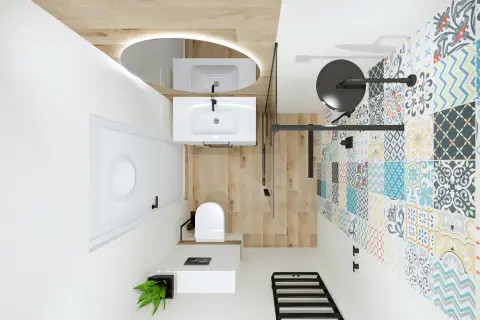 Mała łazienka w bloku 2m2 z kolorowymi płytkami, drewnianą podłogą, białym WC i umywalką.