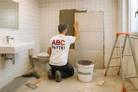 Fachowiec w koszulce "ABC PŁYTKI" układa płytki w łazience, tworząc idealnie gładką ścianę.