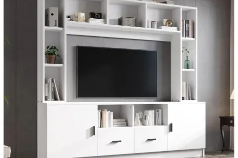 Nowoczesna zabudowa pod telewizor galeria z białymi frontami i licznymi półkami na książki i dekoracje.