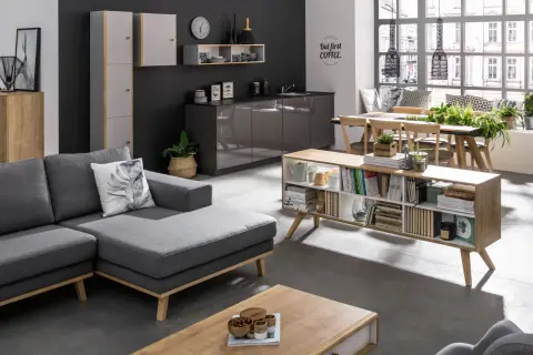 Nowoczesny salon z szarą kanapą i ciemną ścianą. Inspiracje na kolory ścian do salonu: grafit, biel, drewno.