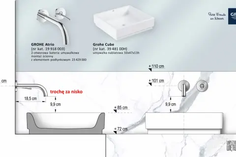 Bateria GROHE Atrio do umywalki nablatowej Grohe Cube. Montaż ścienny, wymiary i odległości.